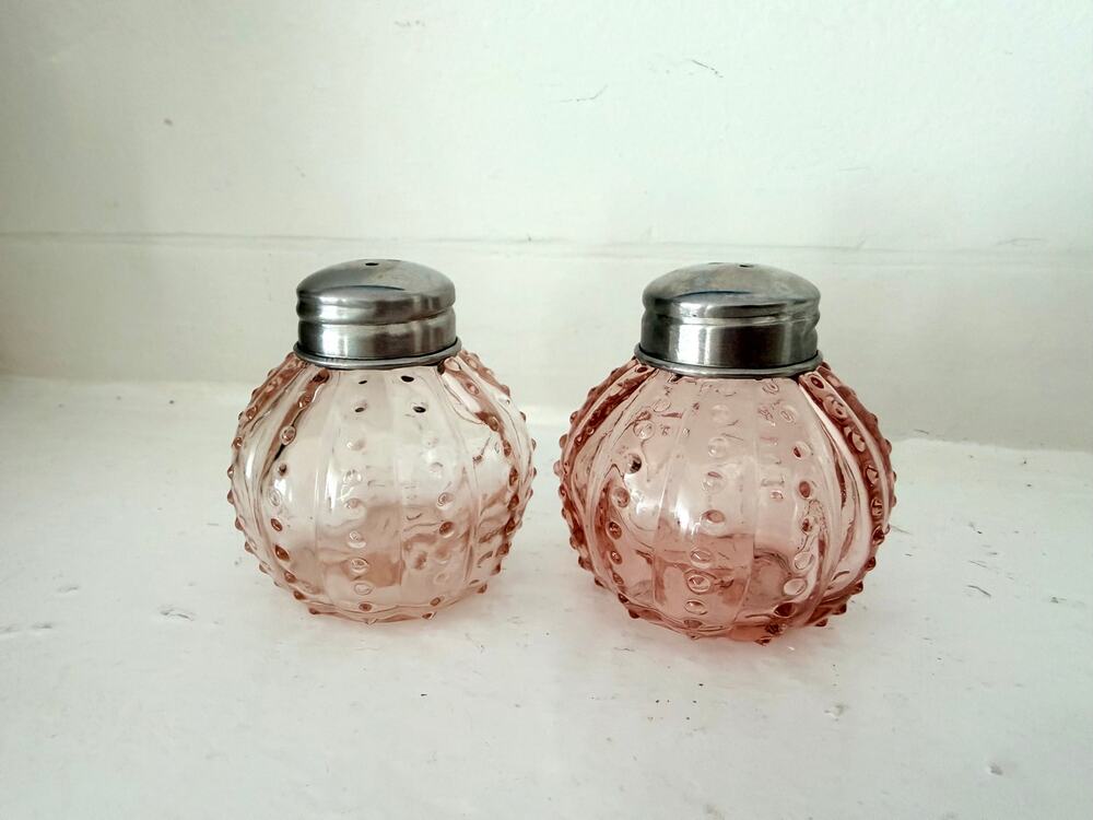 Pink Hobnail Depression Glass Salt Pepper Shakers Pair Chrome Tops Ribbed